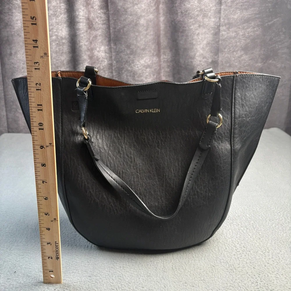 Calvin Klein Black Faux Leather Winged Tote Bag Gold Hardware Handbag